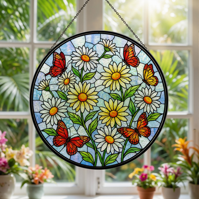Panneau de vitrail 12 "H Daisy Butterfly, H 12 po x l 12 po