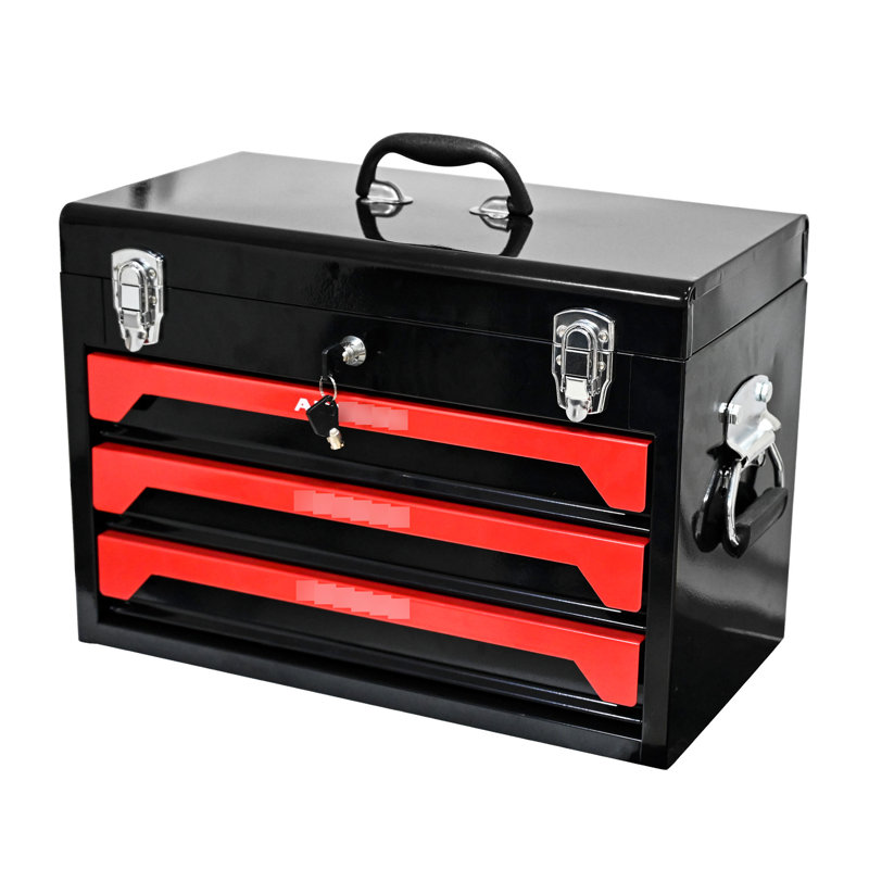 3 Drawer Steel Tool Box, 20" Portable, Black&Red, Bearing Slide, Metal Latch, Robust Storage Solution Portable Secure Option