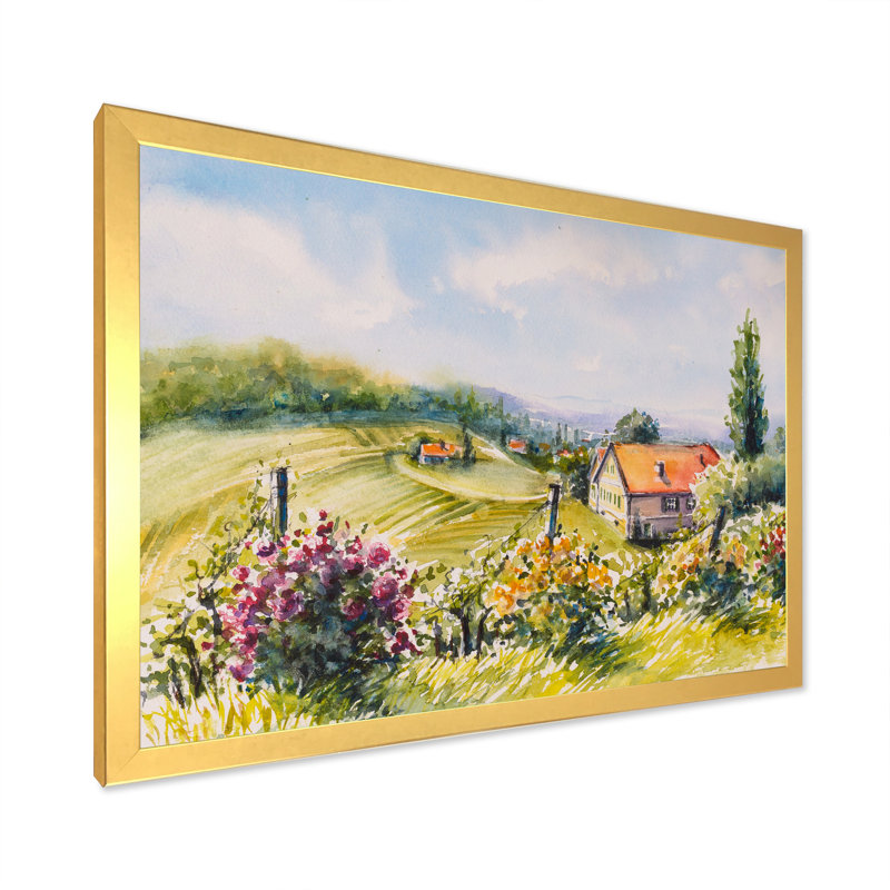 Petite maison dans la campagne verte - Peinture sur toile, H 12 po x l 20 po x P 1 po, Cadre doré à coins fermés