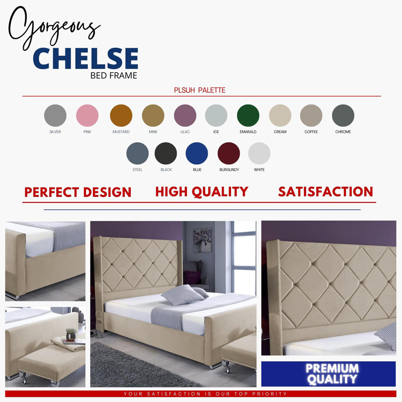 Descanso Chesterfield Velvet Upholstered Bed Frame - Buttoned Headboard, Chrome Feet, Single (3'), Coffee
