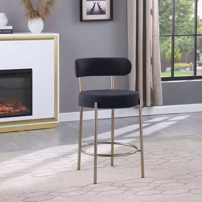 Woker Modern Sherpa Counter Height Stools Set of 2, Uphsoltered 26" Seat Height Barstools with Brushed Brass Metal Legs Round Low Back Kitchen Stools with Footrest for Dining Room,