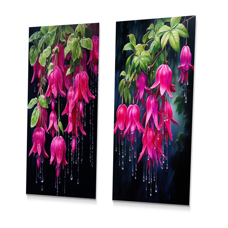 Fleurs fuchsia en noir et rose - ensemble d'art mural en métal fuchsia de 3, H 28 po x l 24 po