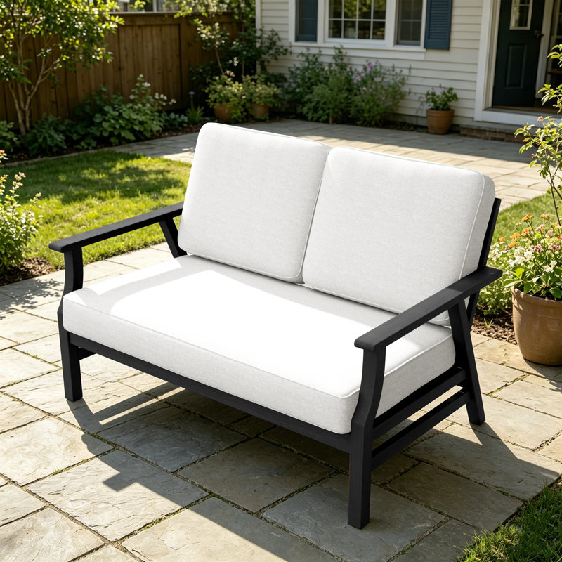 Solid Wood Teak Outdoor Loveseat With Cushion And Arms, Beige, Black