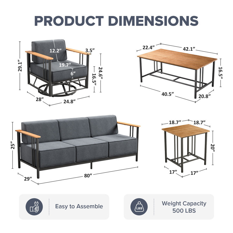 Ensemble de patio extérieur en osier 9 pièces avec canapé, chaises berçantes pivotantes et table basse, Gris, Noir