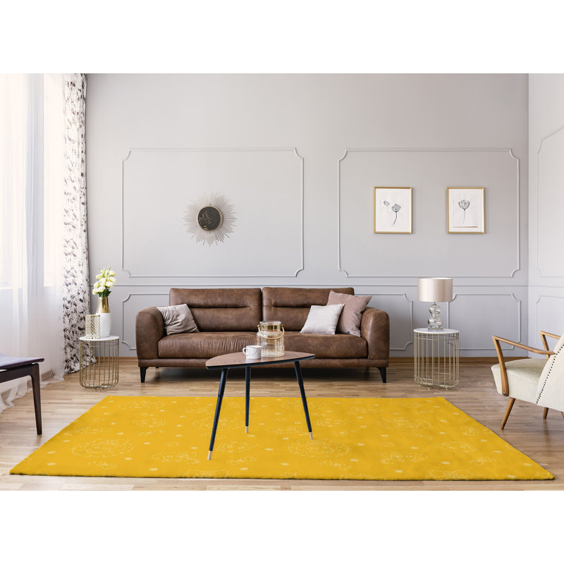 Tapis jaune fait main, Rectangle 9 pi x 12 pi