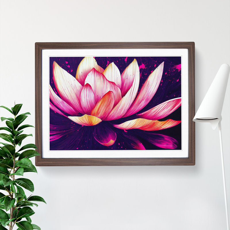 Lotus Flower Paint Splatter (4) - Single Picture Frame Print, 25cm H x 34cm W, Walnut