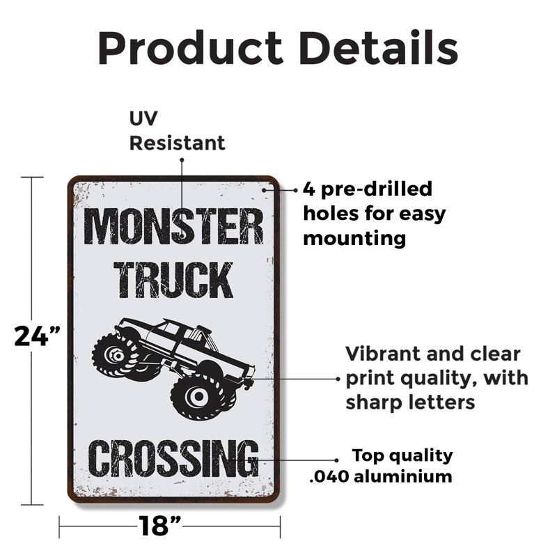 Enseigne en aluminium 18 po x 24 po Monster Truck Crossing, H 24 po x l 18 po x P 0,1 po