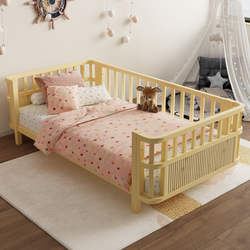 Children's Wooden Platform Bed With Extra-High Safety Guardrails, Gold, Twin