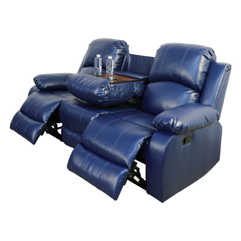 79" Premium Vegan Leather Reclining Living Room Sofa With Drop Down Table And Cup Holders, Dark Blue