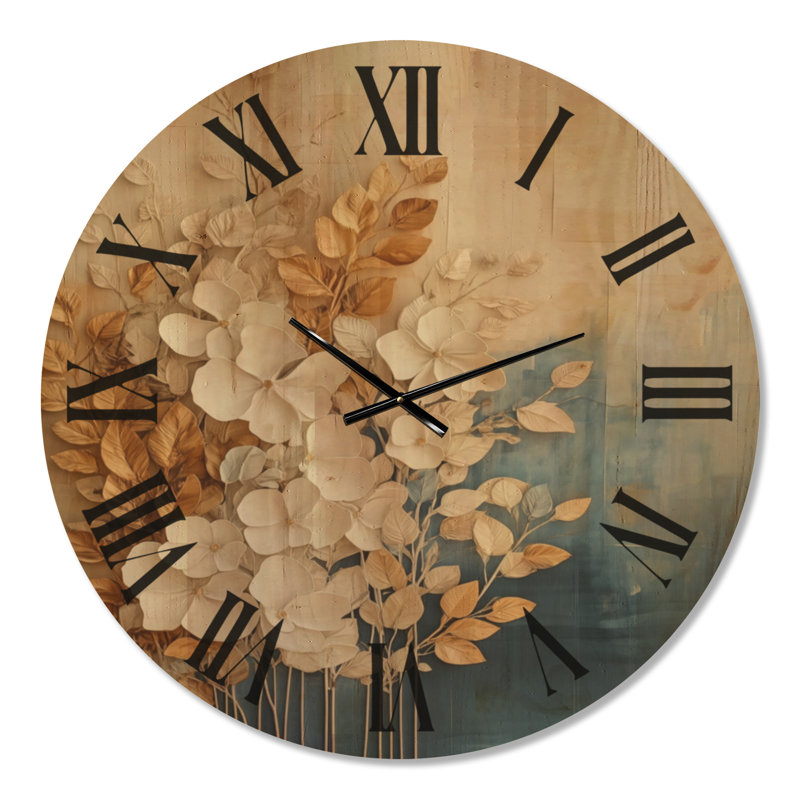 Horloge murale en bois glamour Ivory Blossoms et feuilles dorées, Extra Large