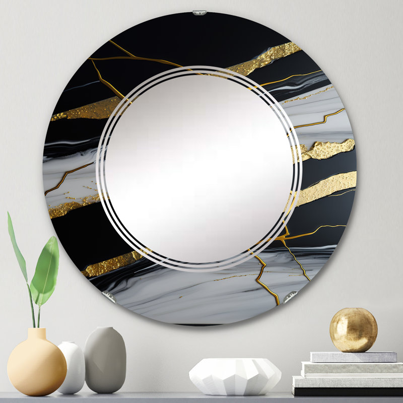 Phyillis - Géode noire abstraite II - miroir mural abstrait en marbre, 24 po x 24 po
