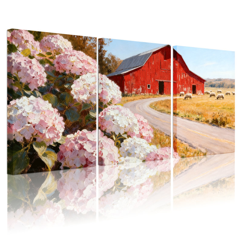 Hortensia fleurs roses, grange rouge, route de campagne, moutons, ensemble de 3 impressions sur toile, H 24 po x l 48 po