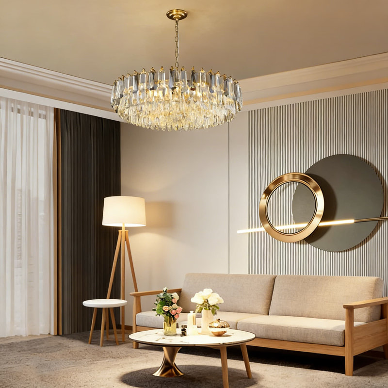 Lustre en cristal doré à 3 niveaux avec 12 lumières, luminaire suspendu moderne à hauteur réglable pour vestibule de salon de salle à manger, éclairage de plafond à intensité variable avec cristaux K9