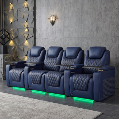 Top Grain Leather Home Theater Seating 7 Color Ambient Lighting Row Of 4 Loveseat Middle