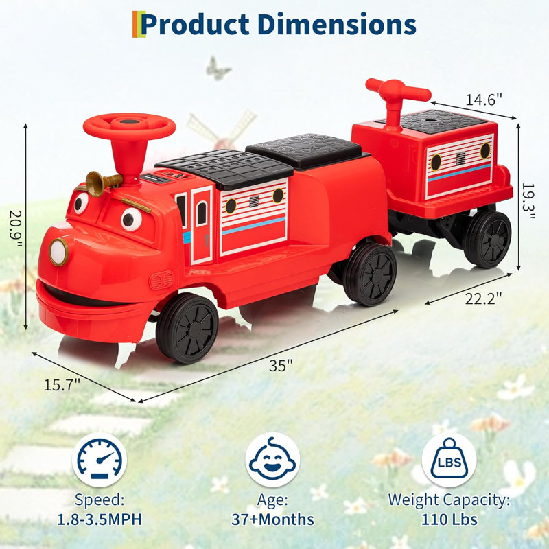 2 places 12V pour enfants sur un train sans rail avec chariot, siège réglable, musique, lumières DEL et rangement pour tout-petits de 3 ans et plus