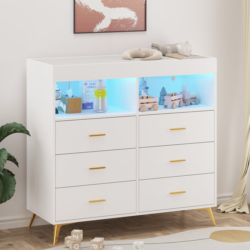 Commode à langer 6 tiroirs pour bébé avec lumières DEL et station de charge USB