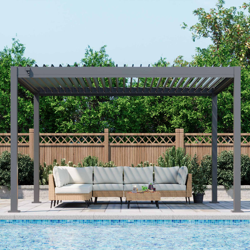 10‘ X 12' Louvered Pergola With Adjustable Louvers, Built-In Gutter System, Black