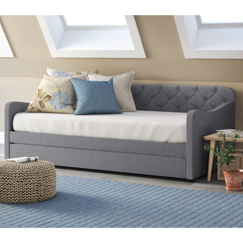 Dark Gray Twin Upholstered Tufted Daybed with Trundle