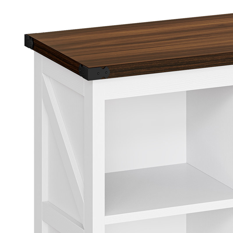 2 Tier Farmhouse Cube Storage Console Table with Open Shelves and Rustic Wood Top, White/Brown, 31.5" H x 62" W x 15.7" D