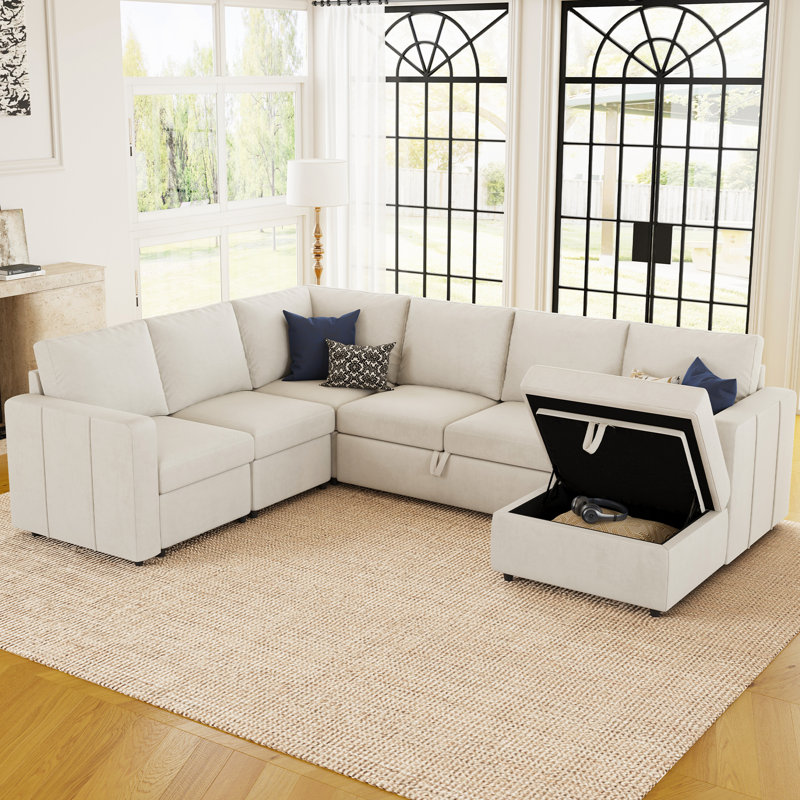 Seybert Pull-Out Sofa Bed Sectional With Storage Ottoman, Beige Velvet