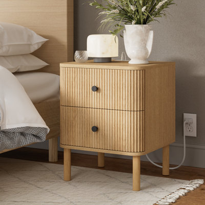 Fluted Nightstand With Charging Station, 18 Inch Modern Farmhouse Night Stand, Round Edge by Latitude Run