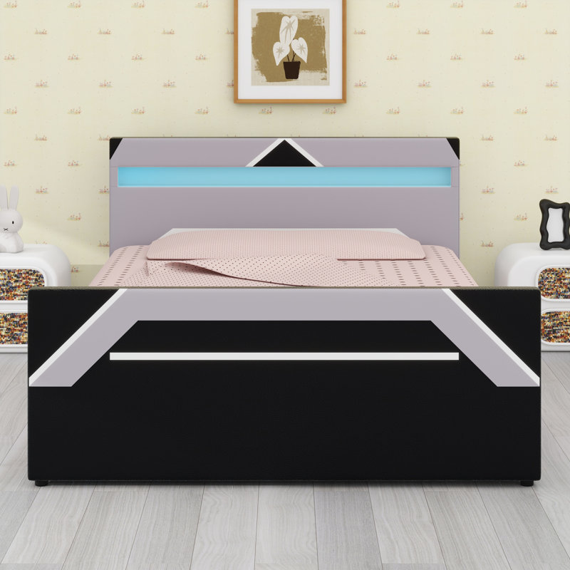 Lit de jeu moderne avec tête de lit à DEL 7 couleurs, lit de rangement hydraulique à levage latéral, Black+Grey