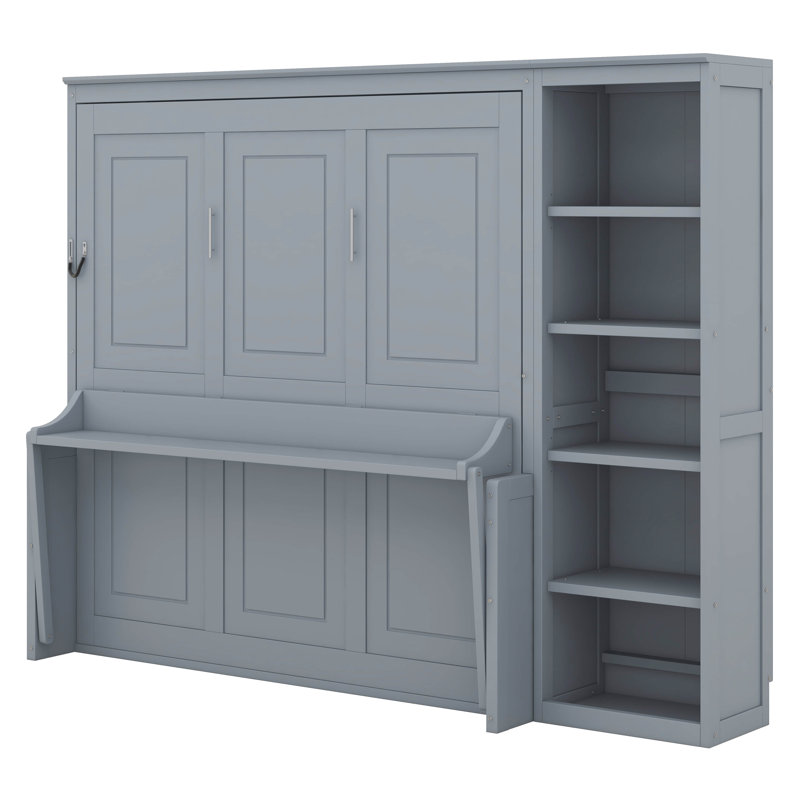 Lit escamotable avec bureau et bibliothèque Murphy, Gris, Queen