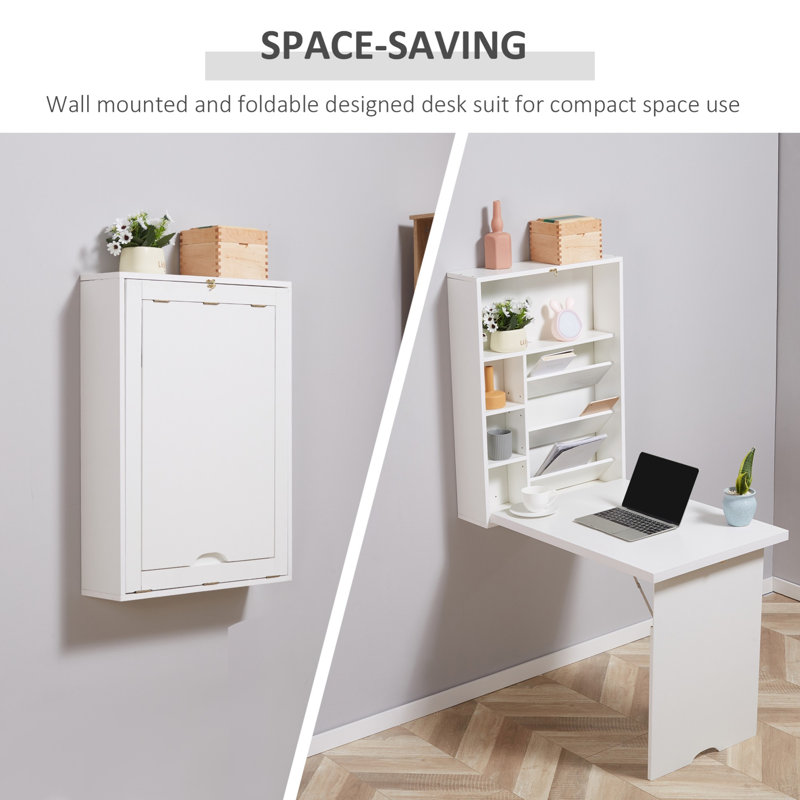 Floating Desk With Storage Shelf, Wall Mounted Fold Out Convertible Desk