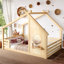 Lit double au sol avec fenêtre et petite tablette, lit en bois massif avec toit en forme de maison, sans sommier-887603081-887603085