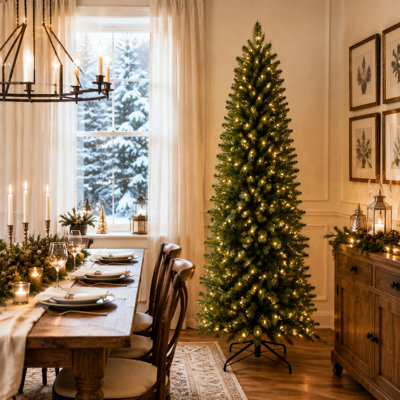 Sapin de Noël artificiel pré-illuminé de 1,35 à 2,75 m, sapin noble élancé, avec [100/150/200/250/300/450] lumières DEL blanc chaud, [350/455/655/755/855/1 255] extrémités de branches en PVC, idéale pour les petits espaces et la décoration des coins, pied pliable en métal