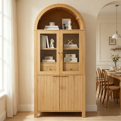 Armoire garde-manger arquée en bois massif de 71 po de hauteur avec portes en verre et tiroir caché, unité de rangement et de présentation élégante pour la cuisine, le salon et la salle à manger