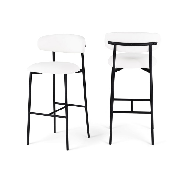 Tabouret de bar rembourré en cuir Lupita, Noir mat, Cuir végétalien blanc