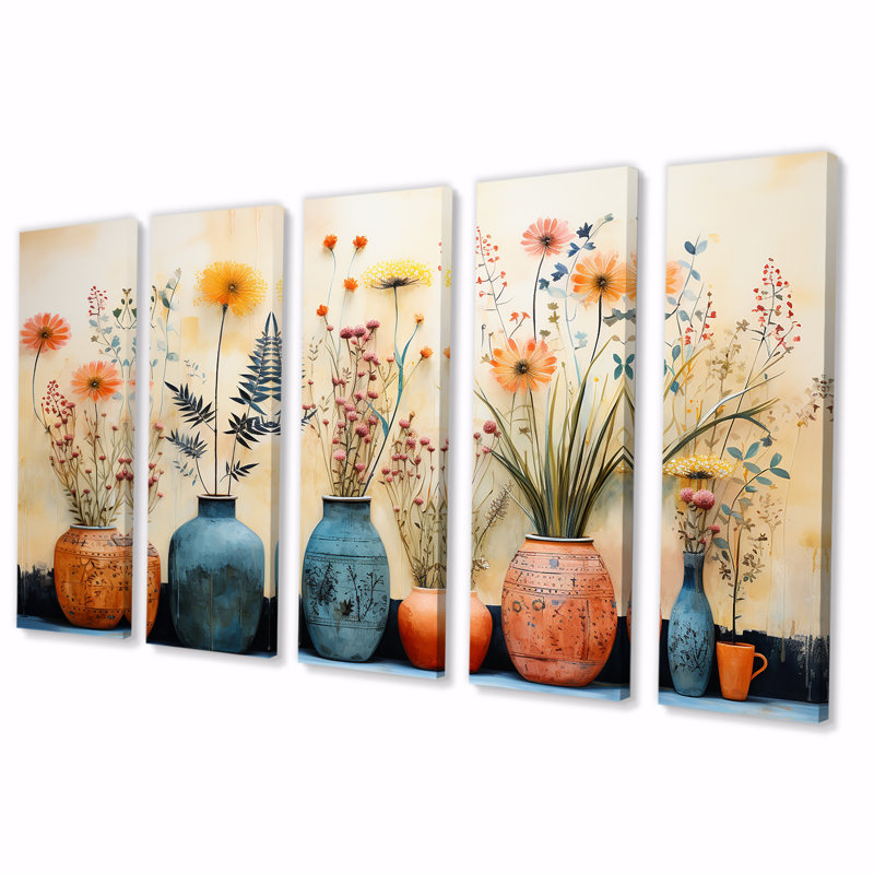 «Blue Floral Watercolor Pottery IV - Boho Pottery», ensemble de 5 pièces d'art mural, H 28 po x l 60 po