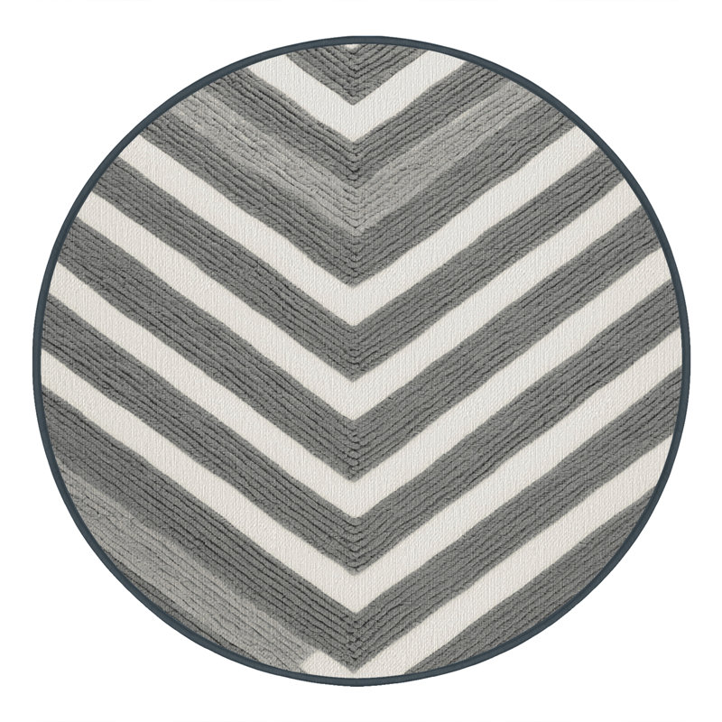  Tapis rayé gris et blanc lavable, Rond 7 pi