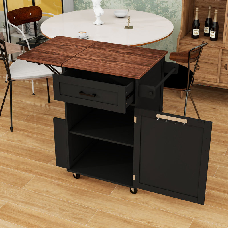 Rustic Mobile Kitchen Island Cart with Drop Leaf, Adjustable Shelf, Storage Drawer and Lockable Wheels, Noir