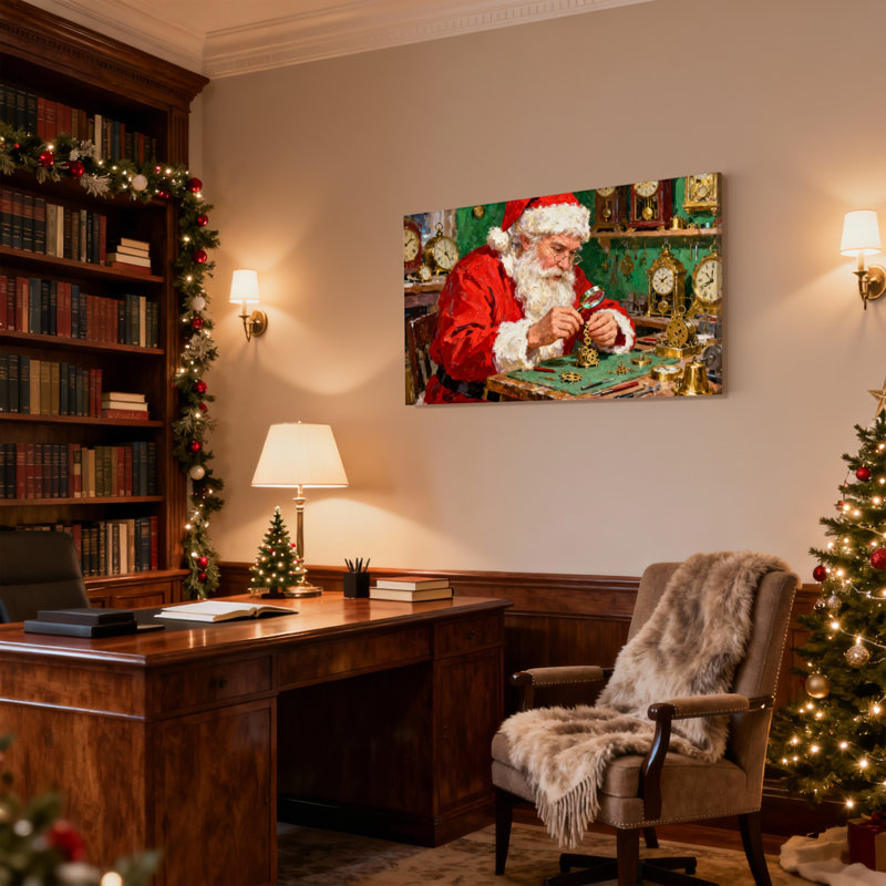 Horloges de Noël de père Noël dans une scène d'atelier, ensemble de 3 impressions sur toile, H 12 po x l 18 po