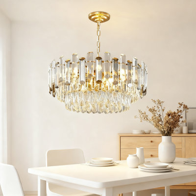 Modern Crystal Chandelier 23.6" Gold Pendant Light Fixture With 3-Tier 12-Light Design, Dimmable And Height Adjustable For Dining Room Living Room Foyer Entryway