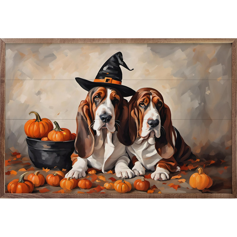 " Two Bassets With Pumpkins ", 5" H x 8" W