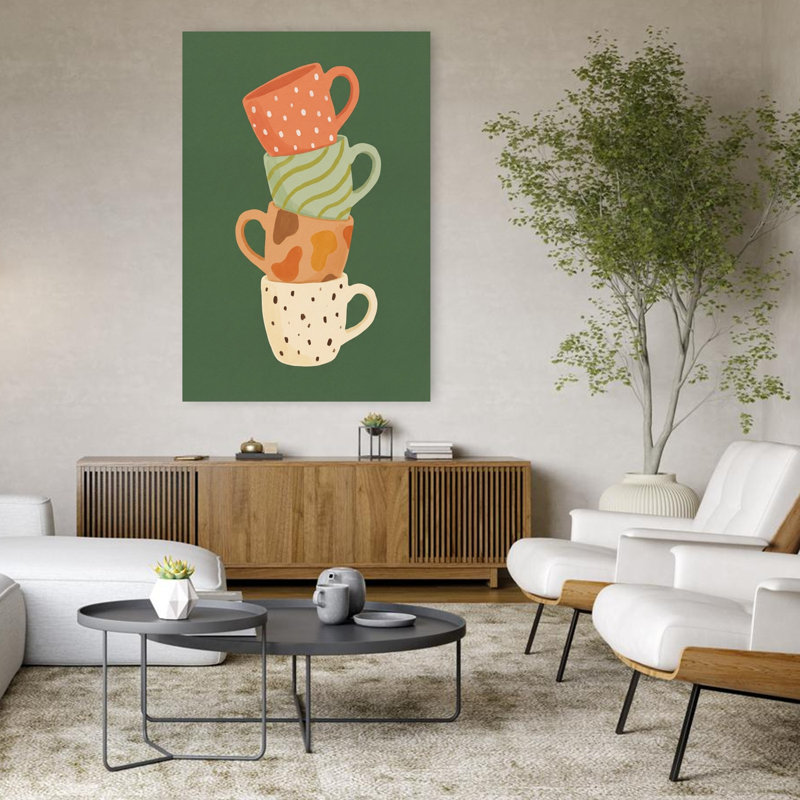 Cozy empilées tasses abstraites colorées, art mural rustique, H 48 po x l 32 po