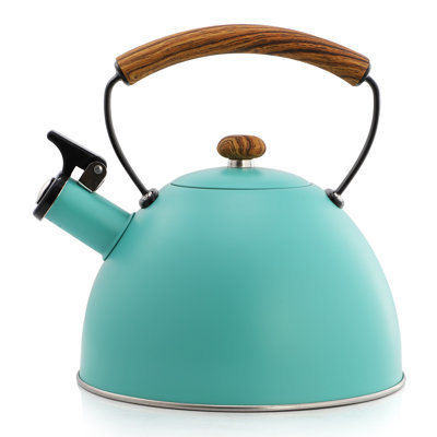 MegaChef 3.2 Quart Whistling Tea Kettle with Wood Grain Nylon Cool Touch Handle, Matte Turquoise