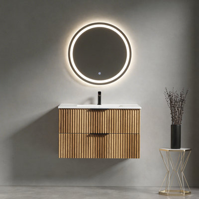Meuble-lavabo mural 36 po avec panneau cannelé 3D et lavabo intégré en céramique