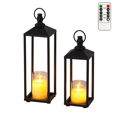 Ensemble de lanternes à bougie décoratives de 2, 13 po et 17 po en métal noir à DEL pour manteau de patio