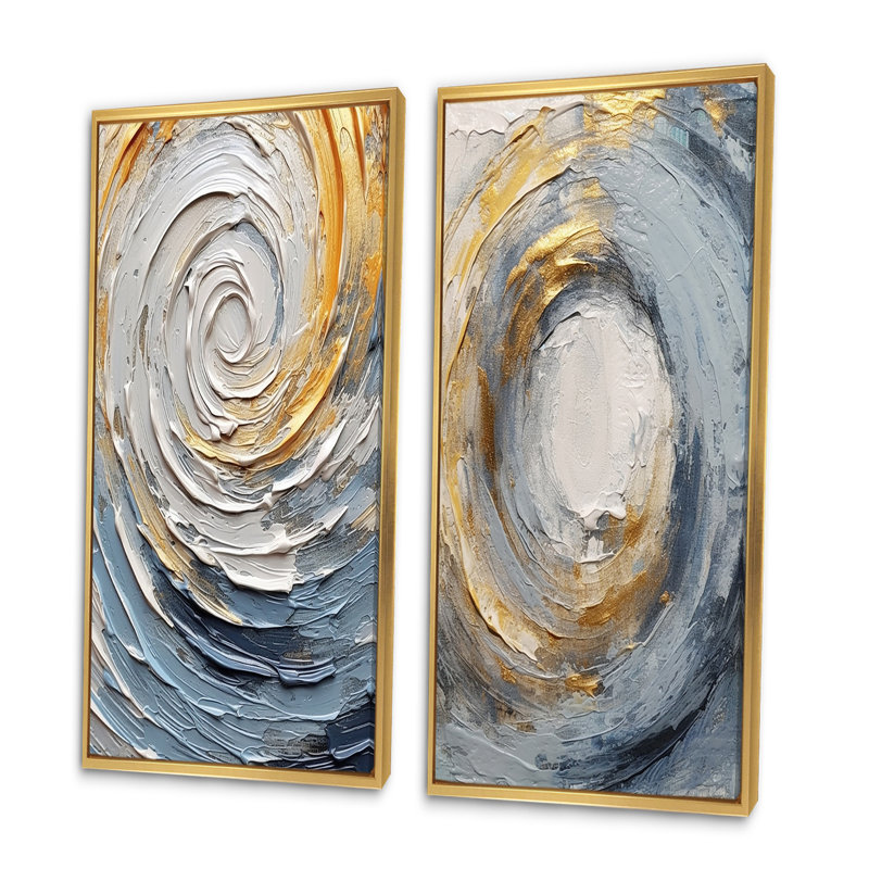 2 pièces sur toile - Spirales vibrantes dorées et bleues, Encadrement doré, H 20 po x l 24 po