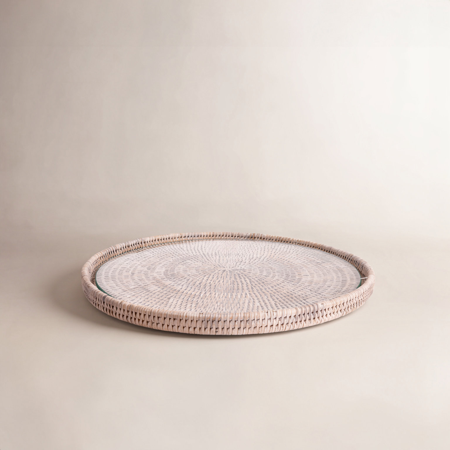 Wicker Decorative Tray, 1" H x 16" W x 16" D, White Wash, Glass Bundle