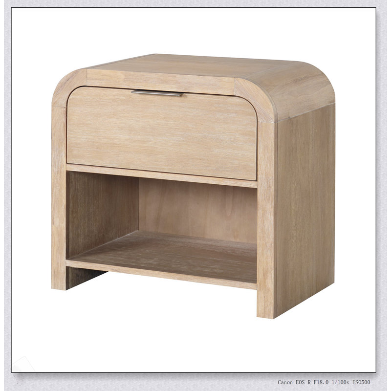 Table de chevet en placage de bois de manguier 1 pièce avec finition naturelle et poignées en métal style transitionnel