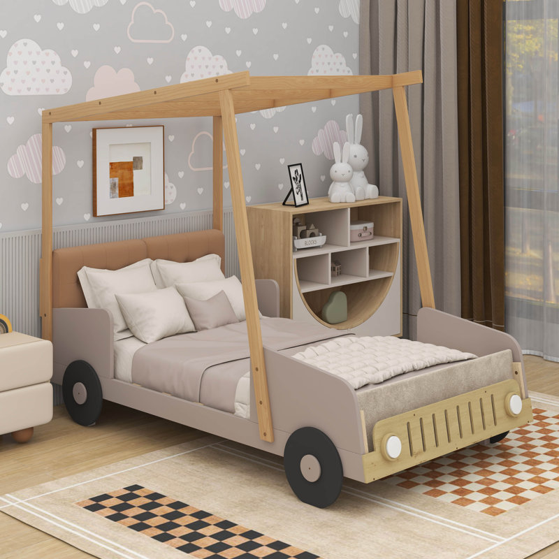Wood Car Bed with Pillow, Ceiling Cloth, Twin