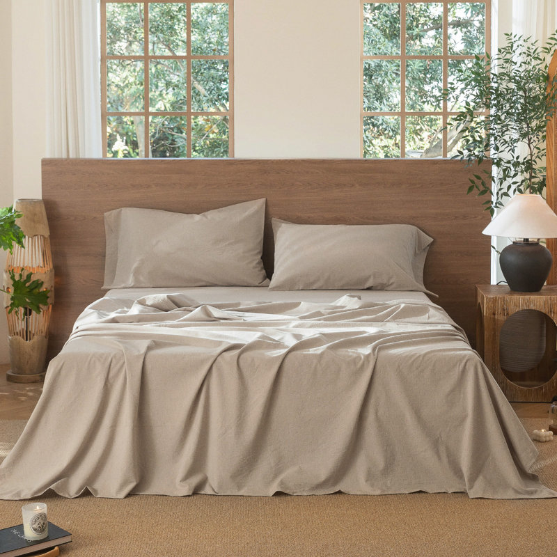 MooMee Flat Sheet 100% Washed Cotton Linen Like Textured Breathable Lightweight, Tannish Gray, Queen Flat Sheet