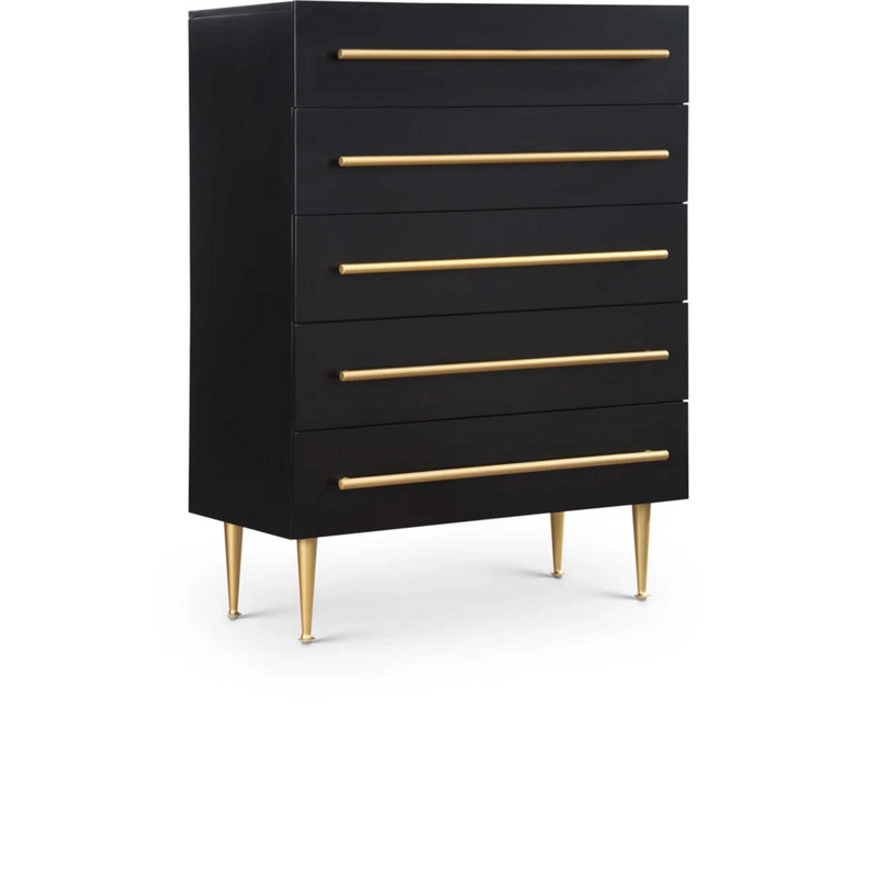 Contemporary 5-Drawer Chest With Gold Accent, Black/Gold