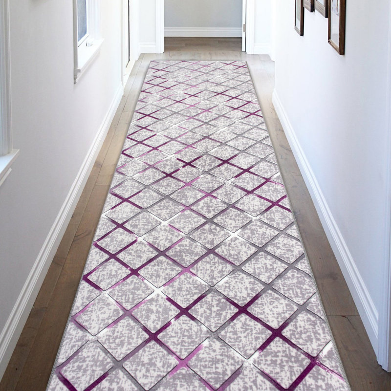 Luxurious Hall Carpet, 100% Polyester, 6.6 x 21.3 Feet | 1100 Grams/m², 0.2 in Pile Height | Non-Slip Dot Underside, Machine Woven, Washable at 30°C | Elegant Purple & Lilac Design for Stylish Entryways
