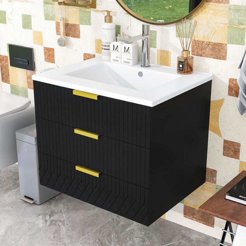 Meuble-lavabo mural avec lavabo en céramique durable, rangement spacieux et poignées élégantes en forme de L, Noir